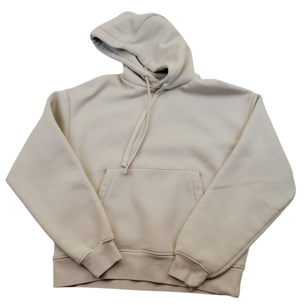 Womens Small ZARA Cropped Hoodie Sweatshirt Pullover Beige Cream Pocket